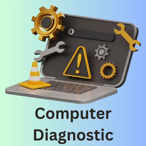 Illustration of a laptop being diagnosed with gears and a wrench