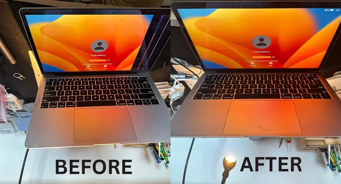 MacBook screen before and after repair at Denver iPhone & Computer Repair